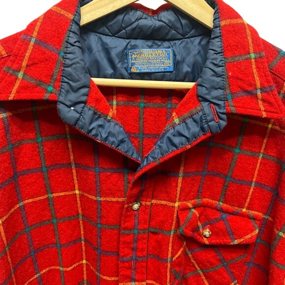 Pendleton Vintage 70's Lobo Red Wool Plaid Board Shirt with Elbow Patches - Picture 3 of 10